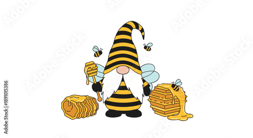 Whimsical garden gnome wearing a bee-themed outfit and a tall striped hat stands with honeycombs, honey dipper, and small flying bees.