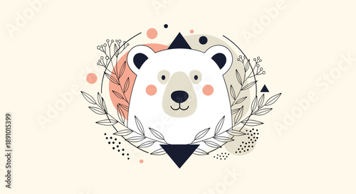 Stylized portrait of a polar bear head with rosy cheeks is surrounded by a circular frame of leaves and abstract geometric shapes on cream.