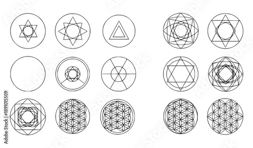 Sacred geometry shapes flat vector set with minimal spiritual geometric symbols