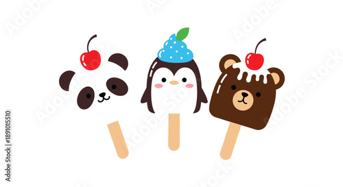 Three cute animal shaped ice cream popsicles including a panda, a penguin, and a brown bear with colorful sweet toppings.