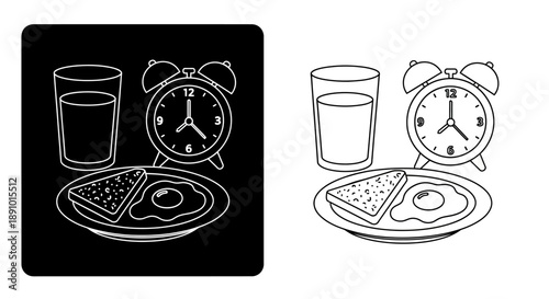 Breakfast time alarm clock water glass food