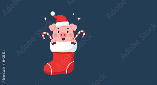 Cute pink pig character wearing a red Santa hat popping out of a festive Christmas stocking with red and white candy canes.