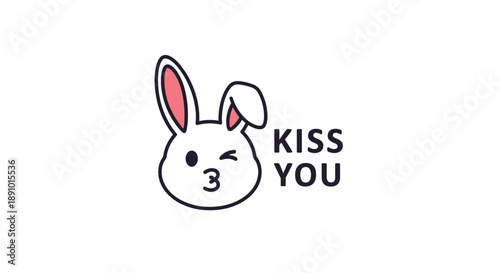 Cute white bunny head winking and blowing a heart shaped kiss with the text kiss you written in a simple cartoon style.
