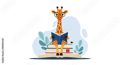Intelligent giraffe wearing glasses sitting comfortably on a stack of books while reading an open book in a cute cartoon style.
