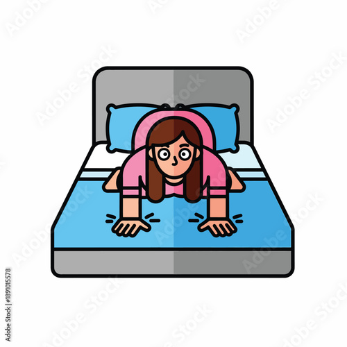 A cartoon girl doing push-ups on a bed