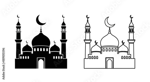 Islamic mosque architecture black white line art