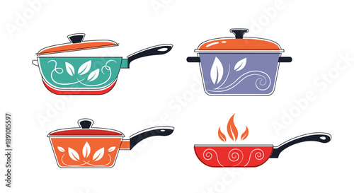 Set of four colorful cooking pots and pans decorated with white leaf patterns including one frying pan on a bright fire.