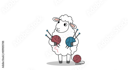 Cute white sheep character stands while holding balls of red and blue yarn and knitting needles for a craft project.