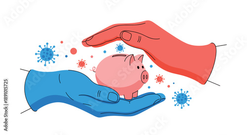 Bi-color gloved hands protect a pink piggy bank from floating coronavirus particles representing financial safety during crisis.