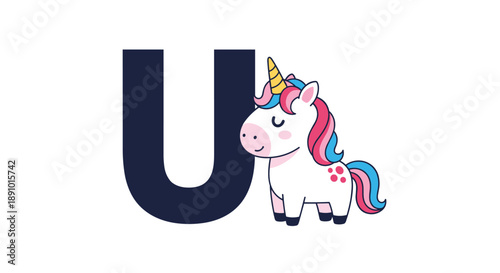 Adorable colorful unicorn stands next to a large dark blue letter U for alphabet learning and educational purposes.