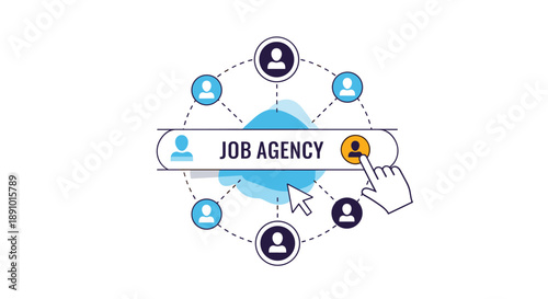 Job agency conceptual illustration showing various people icons connected in a network with a mouse cursor profile.