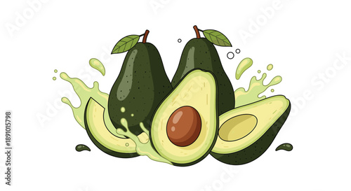 Fresh green avocados with a splash of juice featuring whole fruit and slices with the seed on white background.