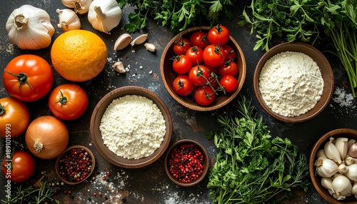 Fresh ingredients for cooking - tomatoes, garlic, herbs, and spices.