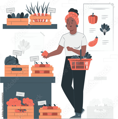 A woman purchasing plants and gardening supplies from a market stall, viewed from the side, surrounded by various products and displays.