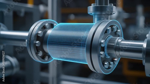 Close‑up of metallic pipeline with integrated cylindrical flow meter highlighted by digital overlay.