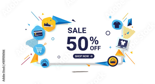 Vibrant online shopping sale promotion graphic design showcasing a 50% off discount on a modern white background for retail marketing campaigns