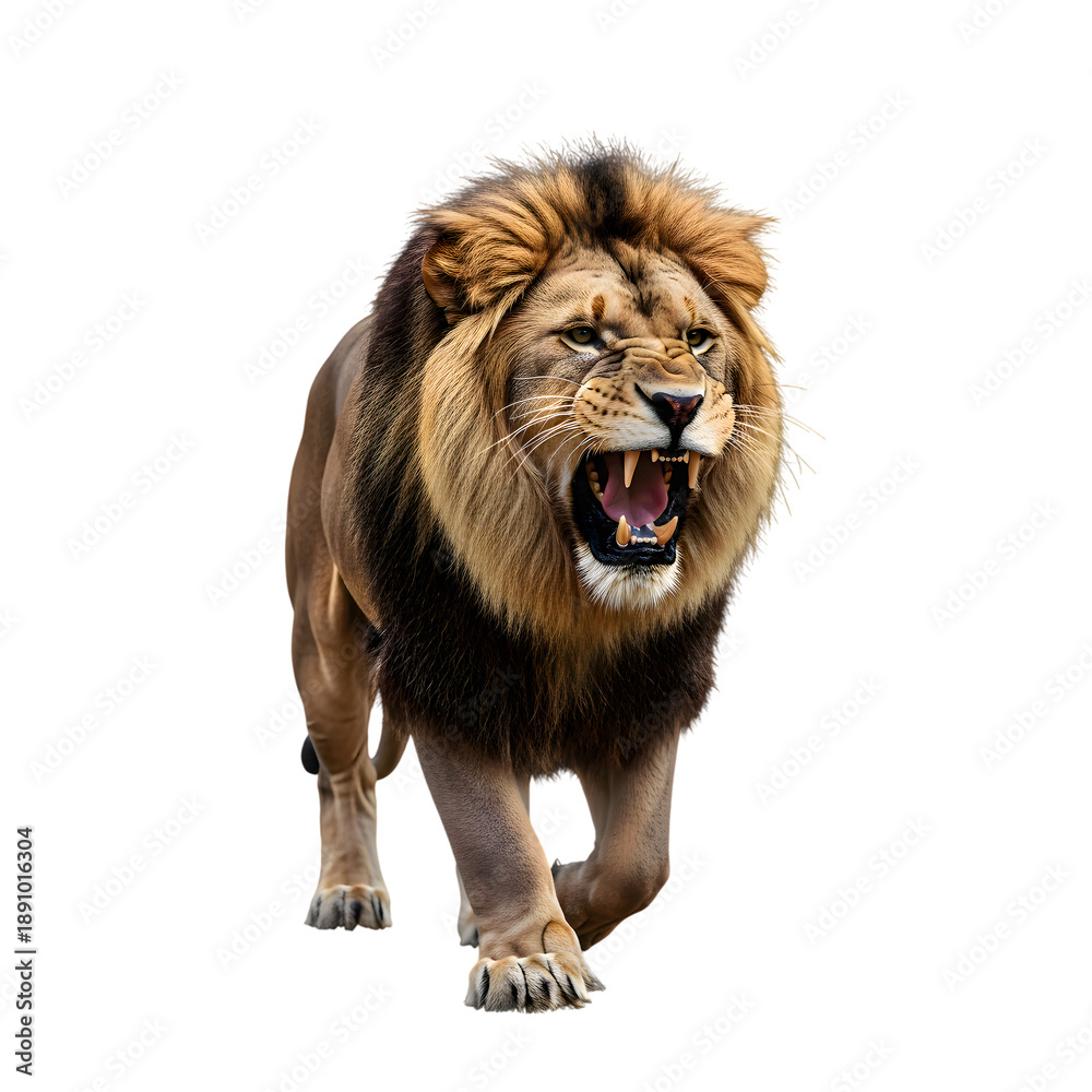 Fototapeta premium Roaring Lion with Open Mouth and Bared Teeth on a White Background angry aggressive