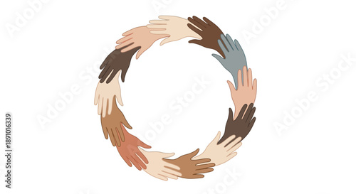 Illustration of diverse hands forming a circle on a white background, symbolizing unity and humanity on Freedom Day, representing people and design elements in a flat, iconic style with a