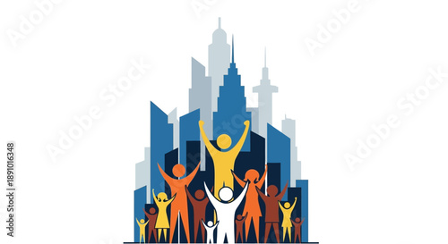 A vibrant illustration of people celebrating freedom day with a flying bird in a stylized cityscape on a bright day.