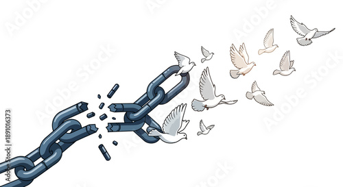 Illustration of a broken chain with white doves flying away on a white background, symbolizing freedom and humanity.