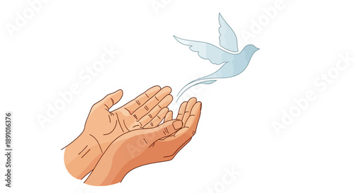Illustration of a pair of hands releasing a flying bird into the air on a white background, symbolizing freedom day and humanity.