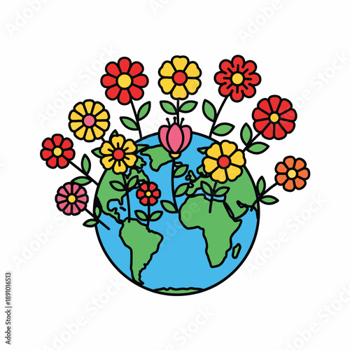 A cartoon globe with colorful flowers