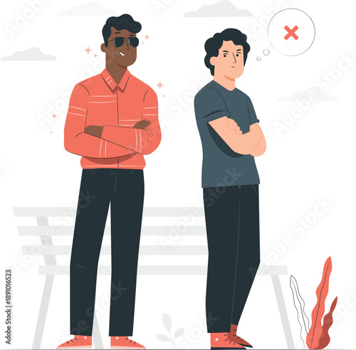 Two men standing on opposite sides of a bench, displaying disagreement and tension in a public park