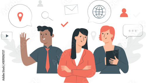 Diverse professionals engaged in discussion with digital icons and symbols surrounding them in a modern office setting