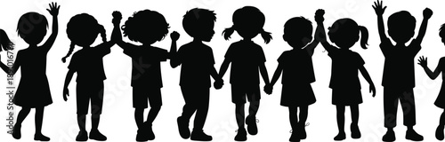Children holding hands silhouette vector set with joyful kids celebrating friendship and teamwork, childhood unity icons isolated on white background