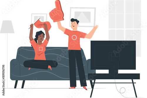 Couple celebrating enthusiastically on couch in living room with television