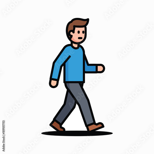 A cartoon man in blue shirt walking