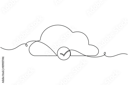 Secure cloud approval check mark icon continuous one line drawing on white background minimalist successful verified data protection storage tick symbol outline vector illustration