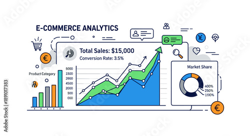 Comprehensive online business analytics dashboard illustration displaying financial performance, market share, and sales growth data visualization for strategic insights
