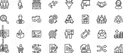 Sales Performance and Lead Management Outline Vector Icon Set — CRM Analytics and Pipeline Editable Stroke Icons for Web and App UI