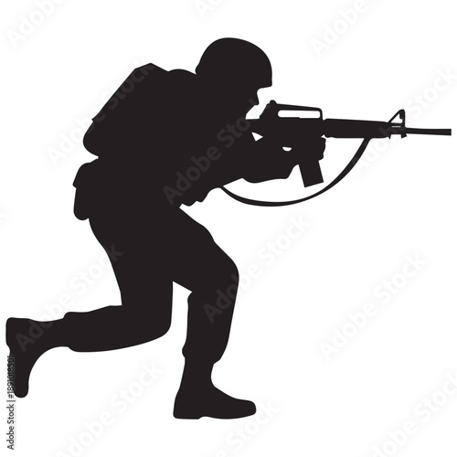Soldier silhouette in action, running with rifle, dynamic portrayal of combat readiness.
