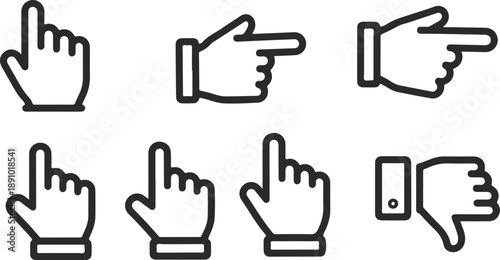 Set of outline hand cursor icons displaying various gestures like pointing and dislike for user interfaces