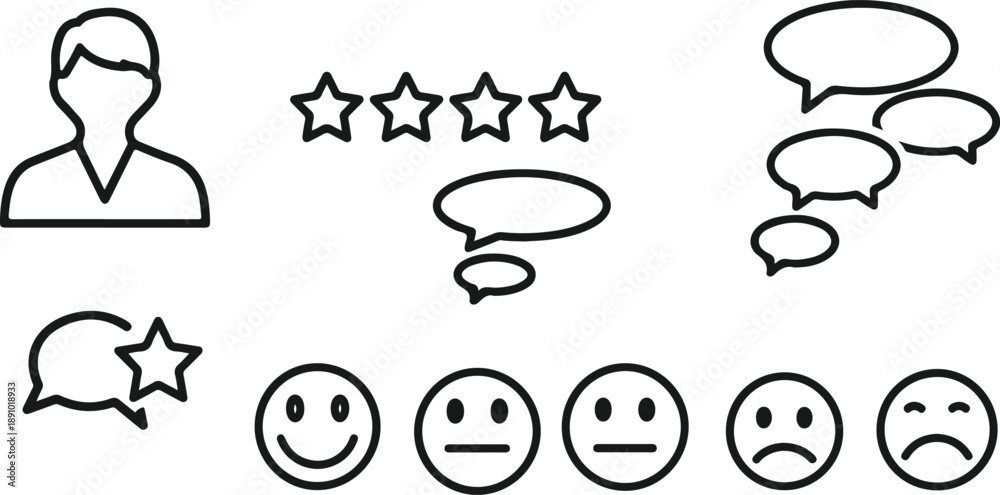 Fototapeta premium Customer feedback and review elements with rating stars, speech bubbles, and emotional emoticons
