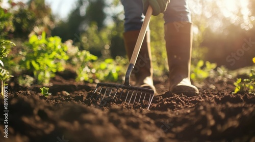 Gardener in boots working with rake on brown soil in sunny garden preparing ground for spring planting season