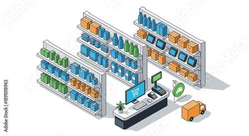 Isometric illustration of a supermarket checkout with shelves stocked with products and a delivery truck outside, representing retail and e-commerce operations