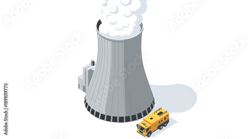 Nuclear power plant cooling tower with steam emission and yellow truck nearby in industrial setting