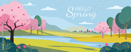 Beautiful spring landscape with fields and mountains, blossoming trees, a river, and a blue sky with clouds. Spring landscape for backgrounds and design. Vector illustration of a spring landscape.