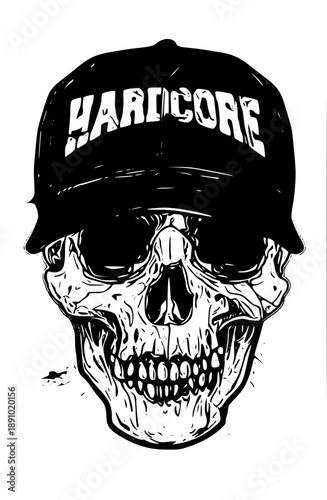 Skull wearing baseball cap with hardcore text on it