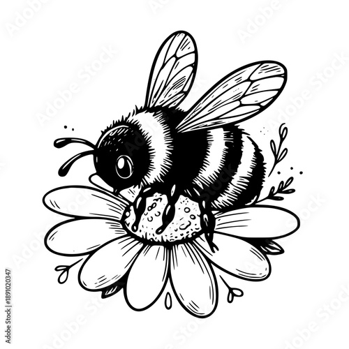 Detailed illustration of a bumblebee collecting nectar from a flower