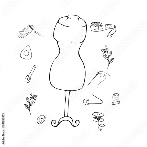 Dress Form with Sewing Tools Line Art Illustration