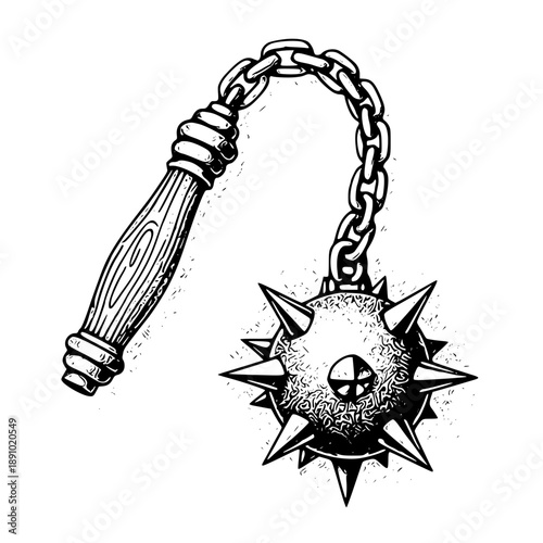 Flail weapon with spiked ball on chain and wooden handle