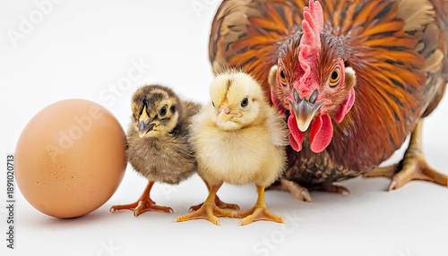 Egg, two chicks, and a hen on white background representing the life cycle of poultry. Farm animal concept for agricultural design.