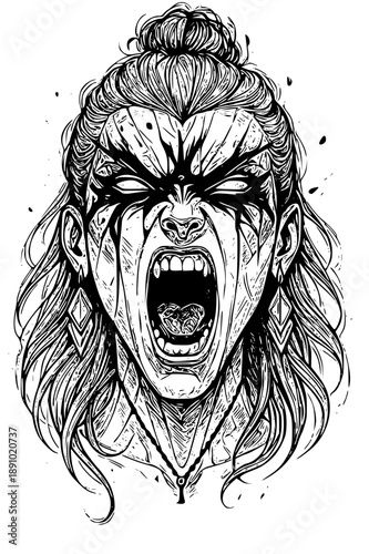 Angry warrior screaming with intense facial expression