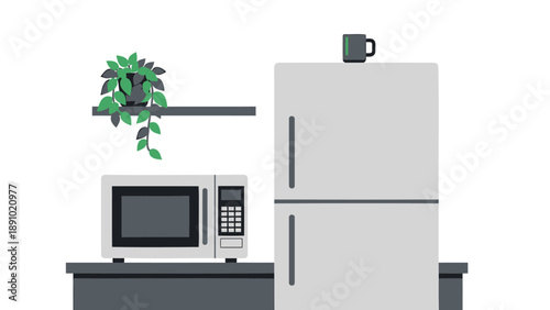 Modern kitchen appliances with refrigerator microwave and plant on shelf