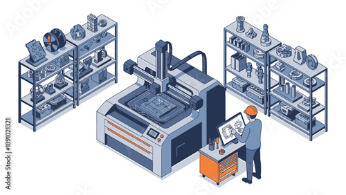 Industrial worker operates large machinery with control panel surrounded by industrial equipment and tools on shelving units