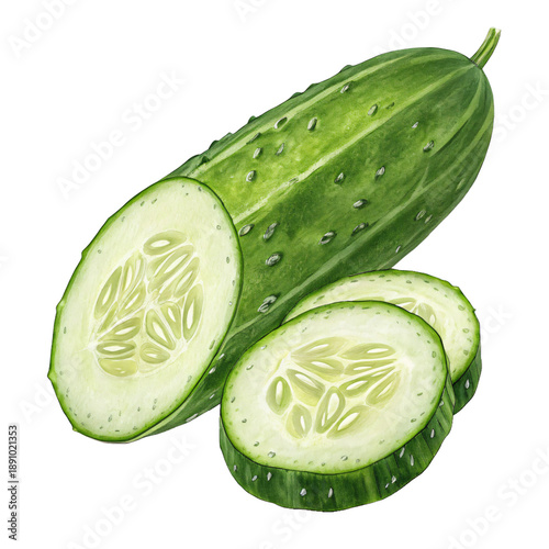 Fresh cucumber slices and whole cucumber